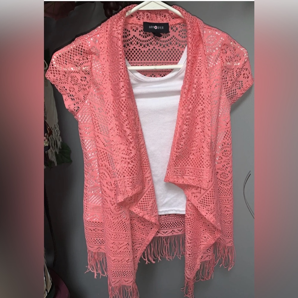 A. Byer 2 in 1 tank & lacy fringed short sleeve shirt Girls‎ sz 14 NWOT